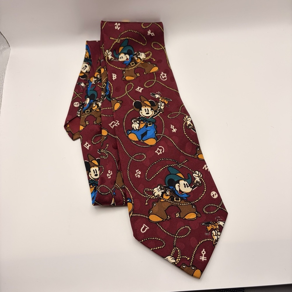 The Disney Store Mickey Mouse Cowboy 100% Silk Men's Necktie Burgundy